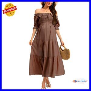 Maternity Maxi Dress Off-Shoulder Ruffled Flowy Baby Shower Photoshoot